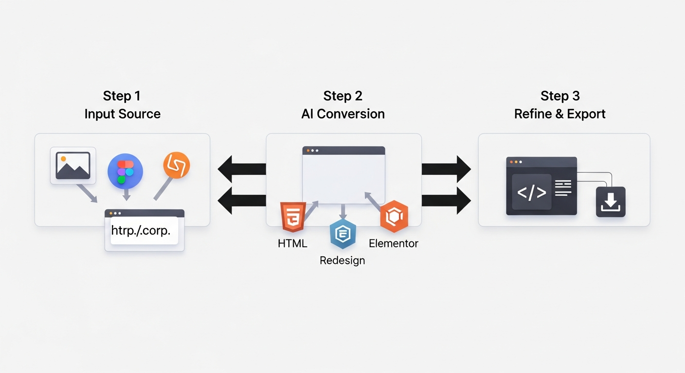 A clean, 3-panel diagram illustrating the DesignToCodeAI workflow. Panel 1 shows icons for 'Upload Image', 'Figma URL', and 'Website URL' pointing to a central box labeled 'Step 1: Input Source'. Panel 2 shows a central box labeled 'Step 2: AI Conversion' with smaller icons for HTML, Elementor, and Redesign. Panel 3 shows a code editor icon and a download icon in a box labeled 'Step 3: Refine & Export'. Arrows connect the three steps sequentially.