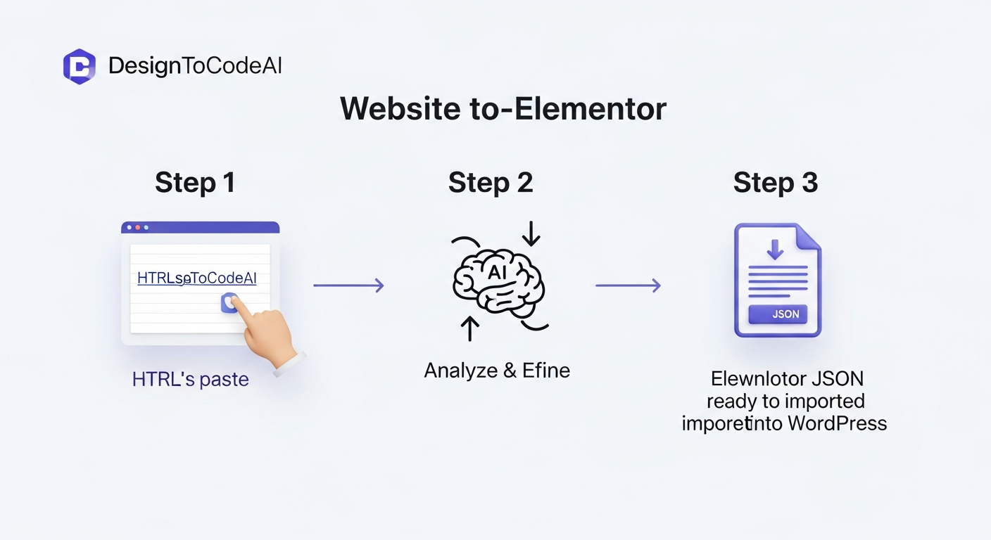 A clean, 3-step diagram illustrating the website-to-Elementor workflow. Step 1 shows a URL being pasted into the DesignToCodeAI interface. Step 2 shows an AI brain icon with arrows for 'Analyze & Refine'. Step 3 shows a downloadable Elementor JSON file icon ready to be imported into WordPress.