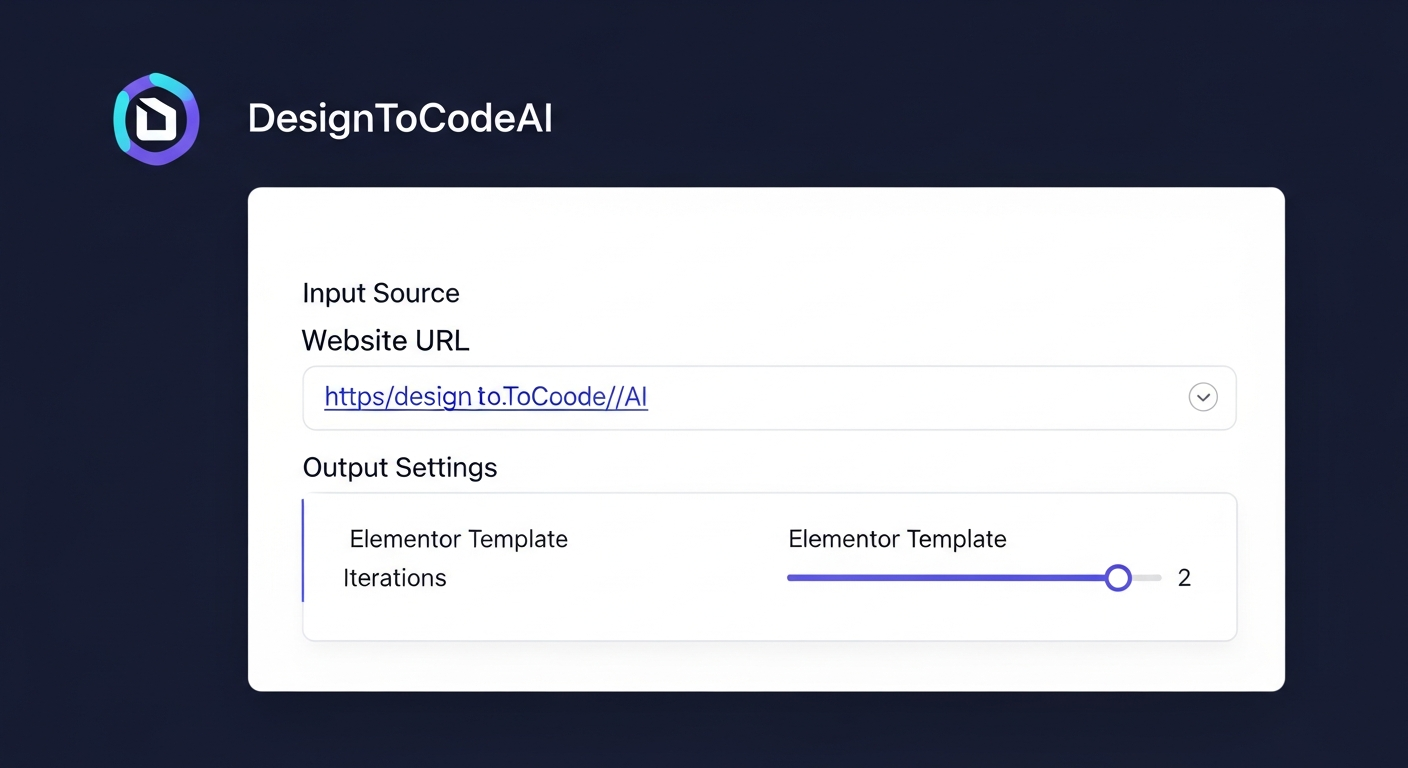 A clean screenshot of the DesignToCodeAI user interface. The 'Input Source' section has 'Website URL' selected with a sample URL typed in. The 'Output Settings' section has 'Elementor Template' selected and the 'Iterations' slider set to 2.