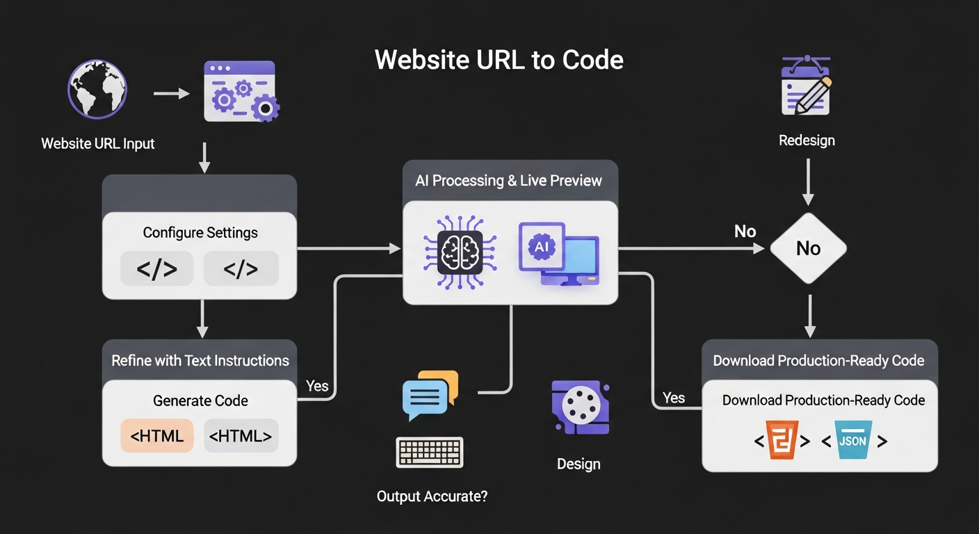 A flowchart diagram illustrating the DesignToCodeAI 'Website URL to Code' workflow. It starts with an icon for 'Website URL Input'. An arrow leads to a box labeled 'Configure Settings (HTML/Elementor, Iterations)'. This splits into two paths: 'Generate Code' and 'Redesign'. Both paths lead to a central box 'AI Processing & Live Preview'. From there, an arrow points to a decision diamond 'Output Accurate?'. If 'No', an arrow loops back via a box labeled 'Refine with Text Instructions'. If 'Yes', an arrow leads to the final step, 'Download Production-Ready Code (HTML or JSON)', with icons for both file types.