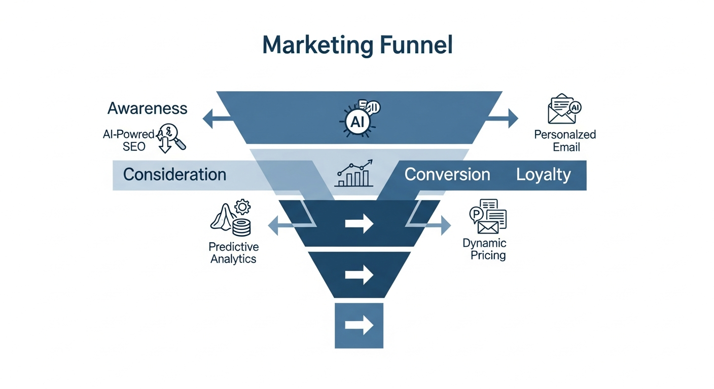 A flowchart diagram illustrating the marketing funnel (Awareness, Consideration, Conversion, Loyalty). Each stage has icons and short descriptions of corresponding AI applications, such as 'AI-powered SEO for Awareness', 'Predictive Analytics for Consideration', 'Dynamic Pricing for Conversion', and 'Personalized Email for Loyalty'.