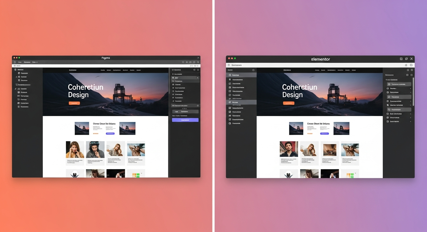 A high-quality, split-screen image. The left side shows a clean, modern website design within a Figma interface. The right side shows the exact same design perfectly recreated inside the Elementor editor, with the widget navigator visible to show the clean structure.