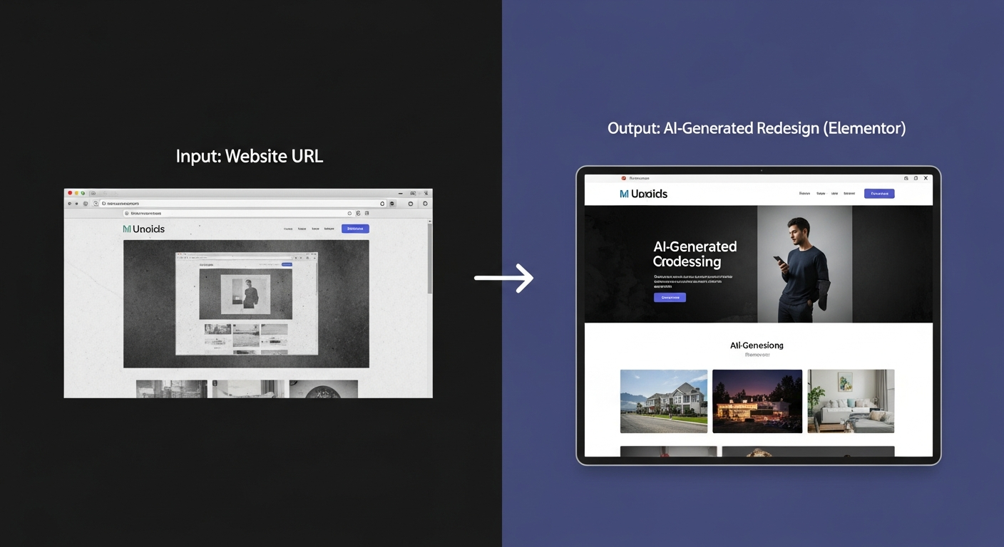 A split-screen comparison visual. On the left, an old, dated website screenshot is shown under the heading 'Input: Website URL'. An arrow points to the right side, which shows a clean, modern, and professional website layout under the heading 'Output: AI-Generated Redesign (Elementor)'. This visually explains the redesign feature.