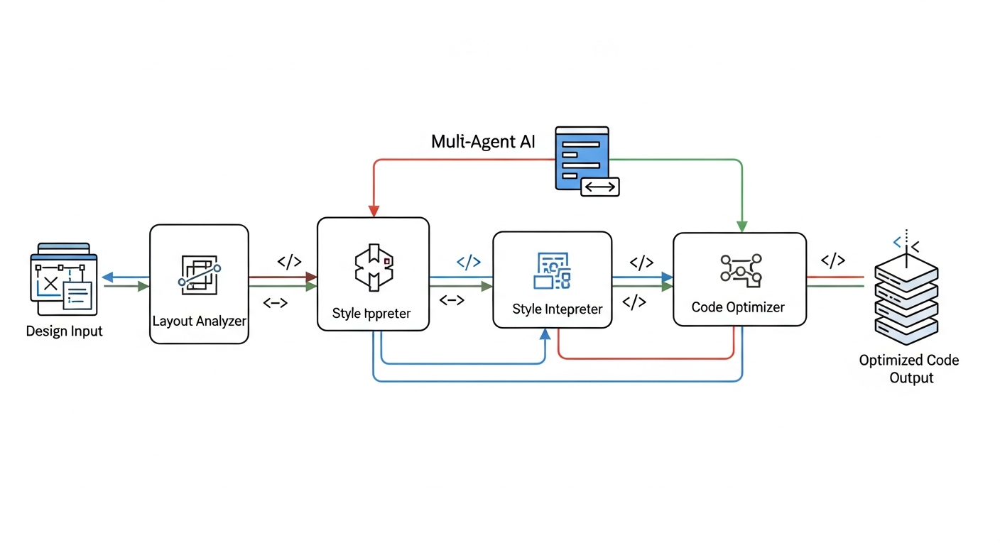 A technical diagram illustrating the multi-agent AI system architecture used by DesignToCodeAI, showing different specialized AI agents (e.g., Layout Analyzer, Style Interpreter, Code Optimizer) collaborating in a workflow to convert a design input into optimized code output.